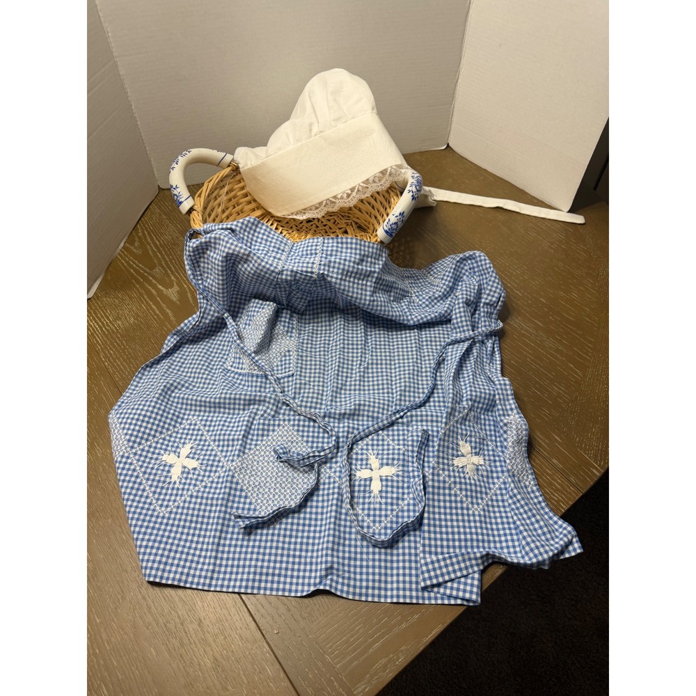 Vintage Dutch Girl Costume Set Gingham Apron Lace Bonnet Wicker Basket Floral